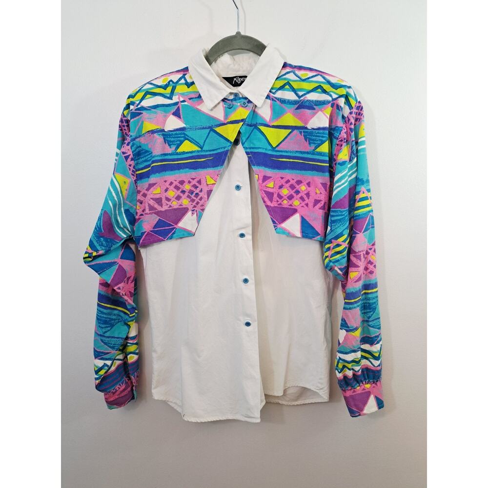 Roper VTG Women's 90's Pink Blue Geometric Print Western Shirt Medium Cowgirl